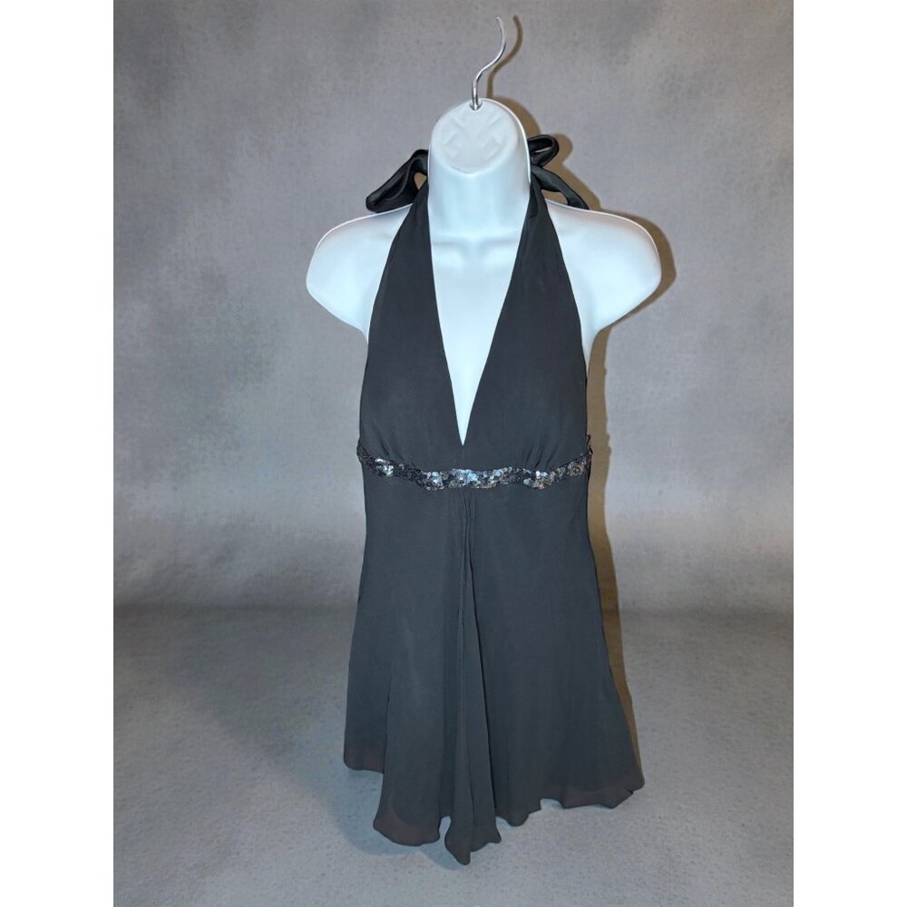 Black Halter Neck Mini Dress With Sequined Waistband & Flowy Hem S Express